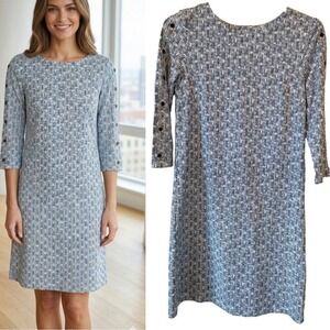 J. McLaughlin Catalina Cloth Size S  Dress Blue White Geometric Print 3/4 Sleeve
